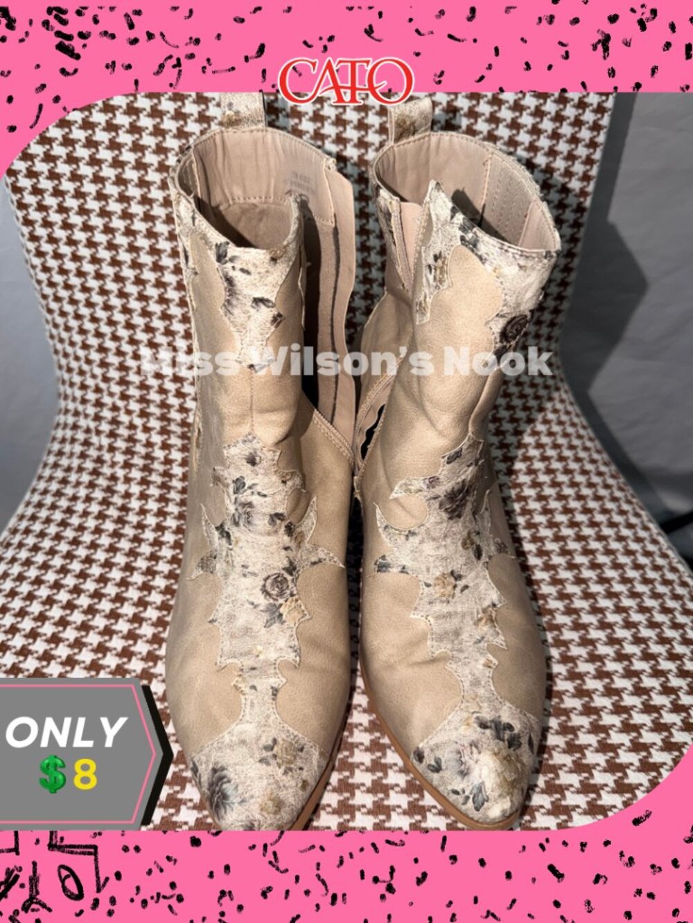Cato Western Ankle Booties Size 11W Taupe Faux Leather Snakeskin Block Heel